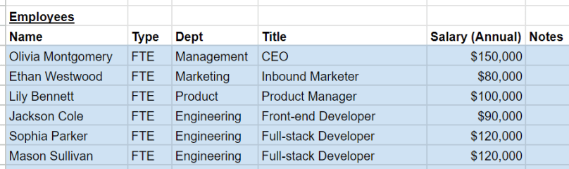 Example of employee budget template showing employees' name, work type, department, title, and annual salary