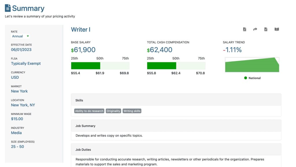 Example of writer comp for a media company in New York with 25-50 employees using HR-reported data, with a base salary showing $61,900