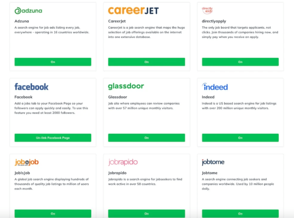 A screenshot of various job board companies that integrate with GoHire software solution.