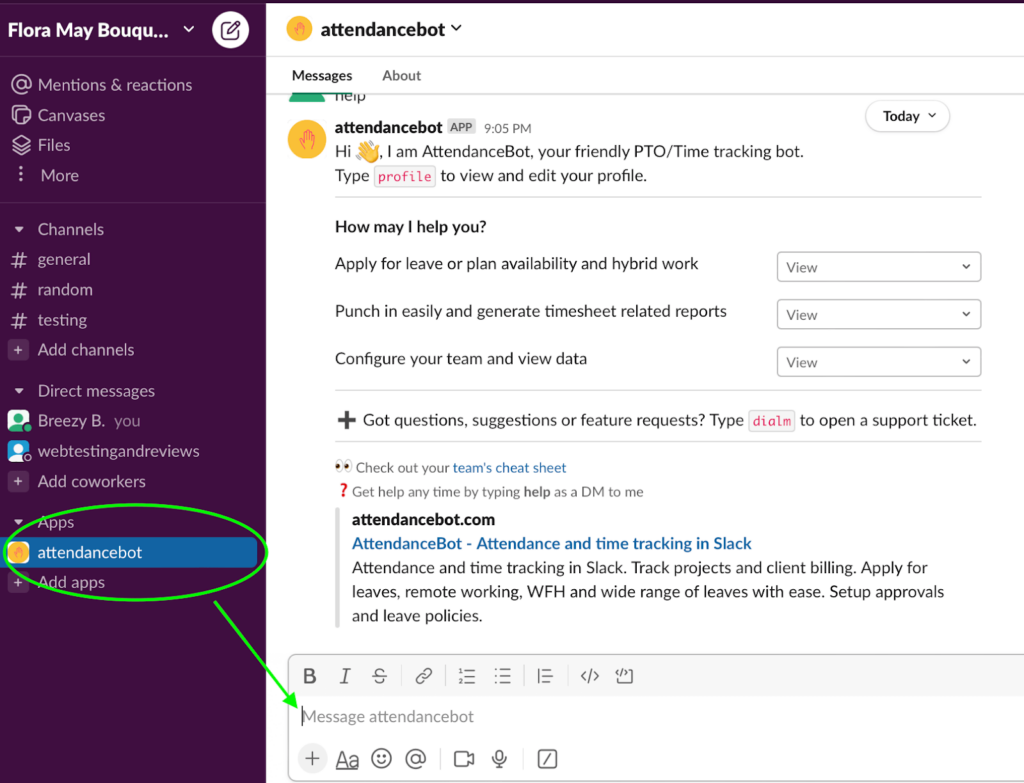 A screenshot of a Slack screen showing the integration of AttendanceBot with direct messaging feature.
