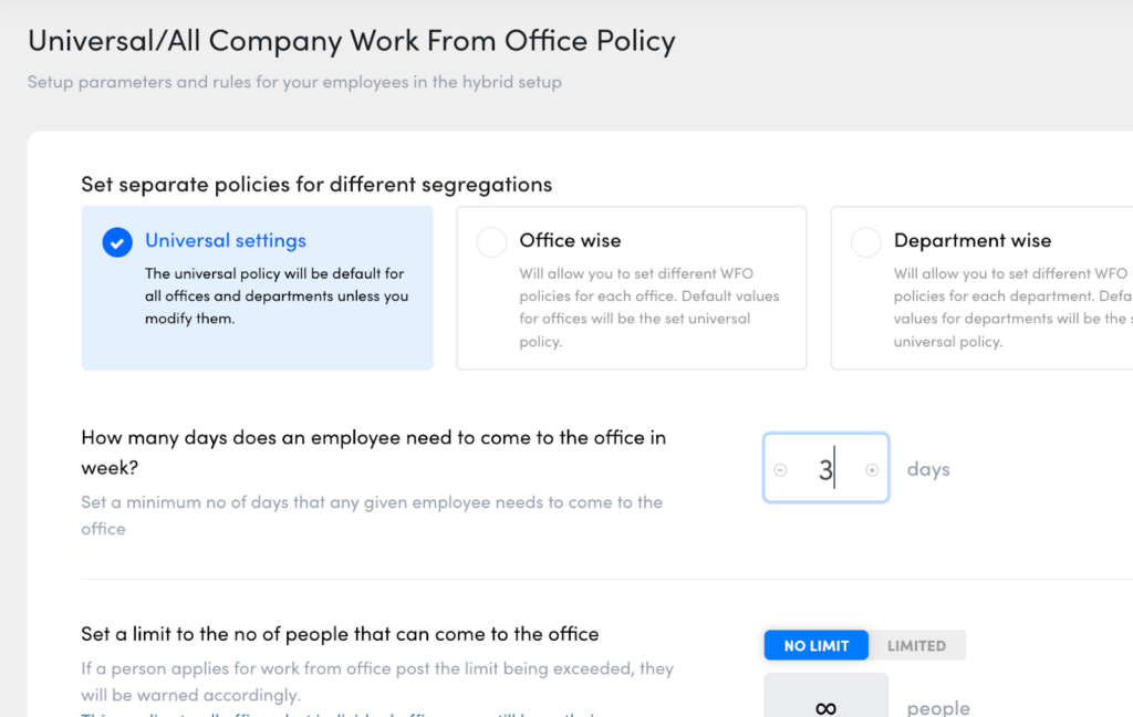 A screenshot of AttendanceBot's "Universal/All Company Work From Office Policy" settings for various segregation of the company.