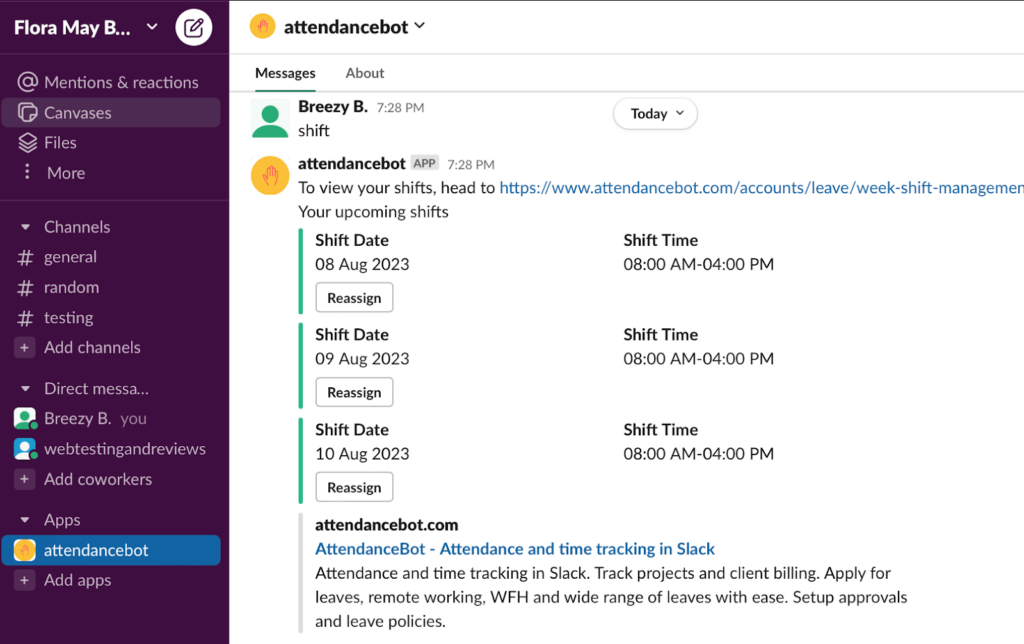 A screenshot showing AttendanceBot's integration with Slack and easy access to personnel shifts and information.