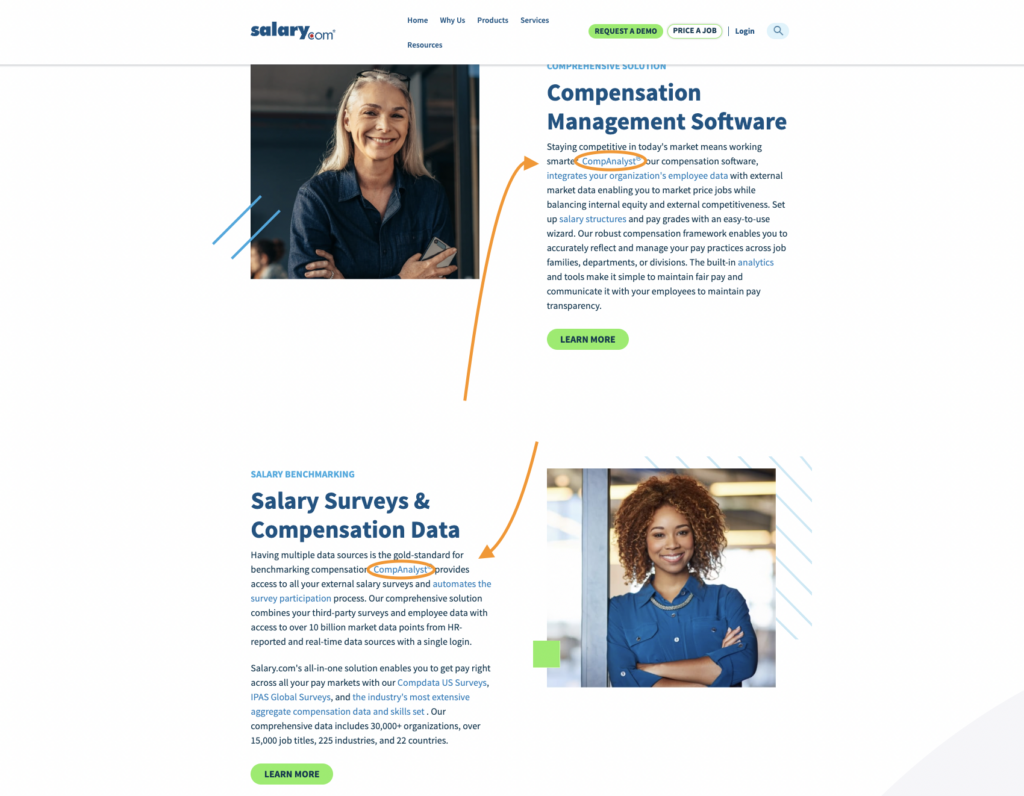 Salary.com's CompAnalyst tool references pointed out with orange arrows on a webpage on Salary.com. 