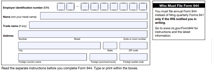 IRS Form 944 business information section. 