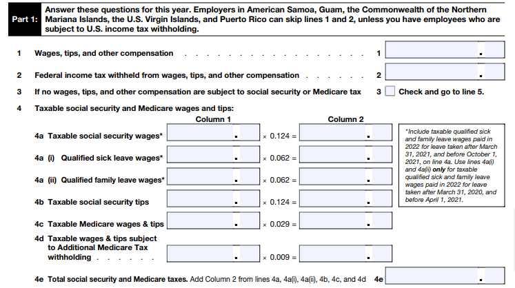 Part 1 of Form 944 with questions on employee wages and withholding. 