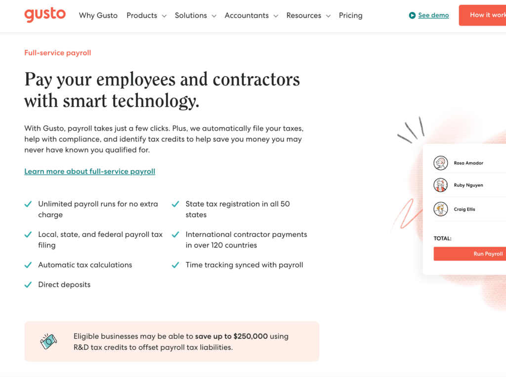 Gusto landing page for payroll features. 