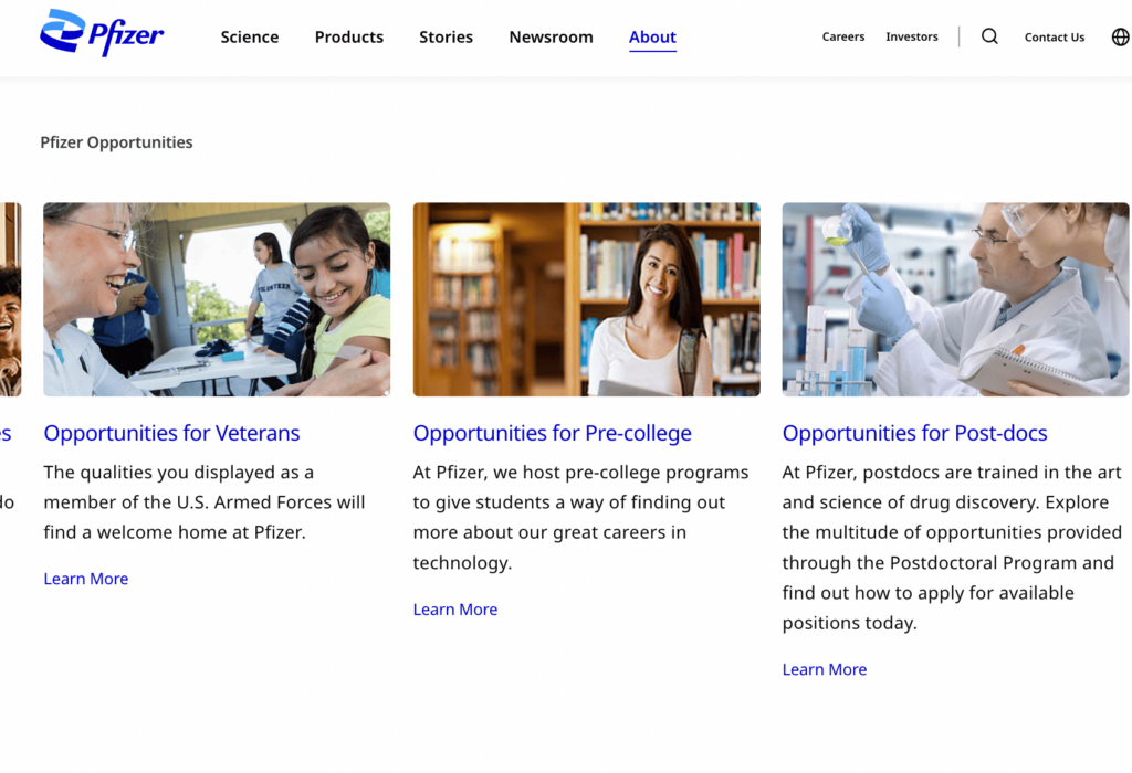 Pfizer opportunities landing page. 