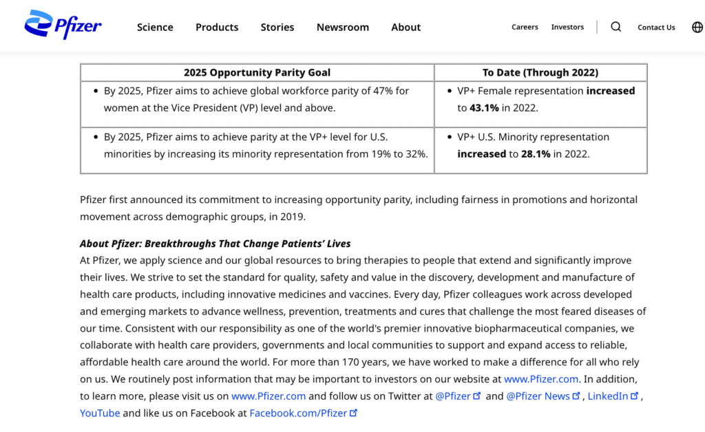 Pfizer's opportunity parity goal informational page. 