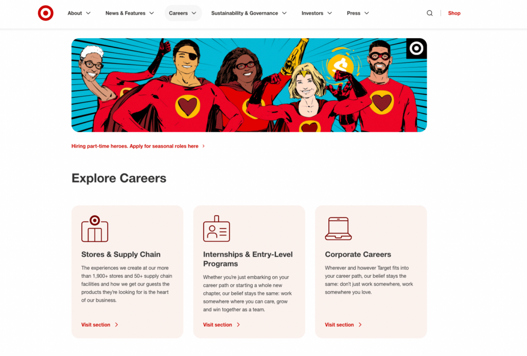 Target explore careers page with three different options, including Stores & Supply Chain, Internships & Entry-Level Programs, and Corporate Careers. 