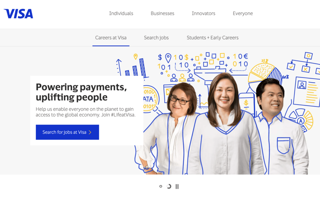 Visa landing page to search for jobs at the company. 
