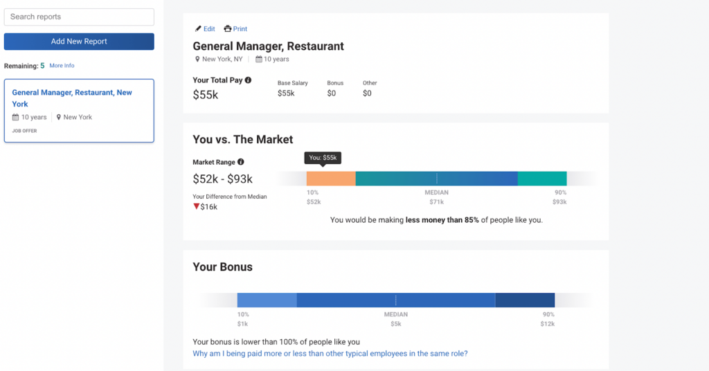 A screenshot demonstrating the current salary for a restaurant manager with 10 years of experience